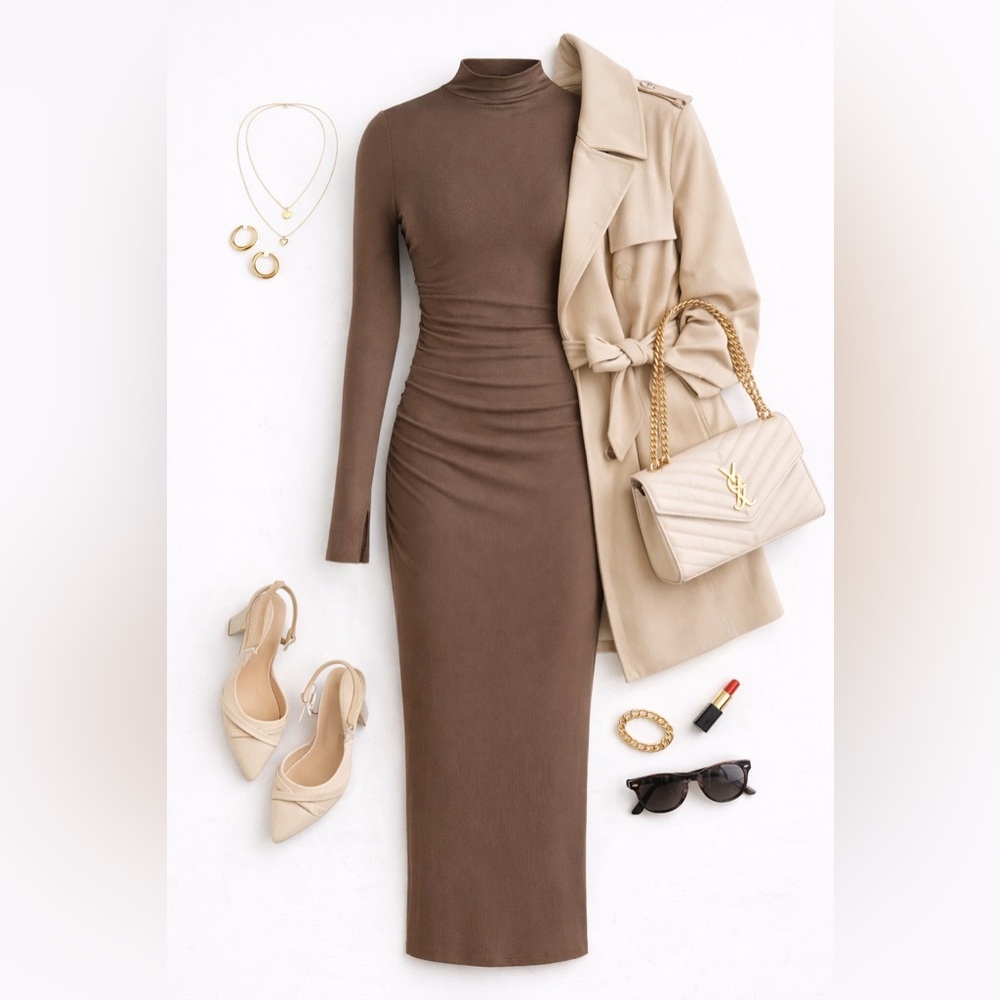 Sleek Brown Long-Sleeve Turtleneck Midi Dress